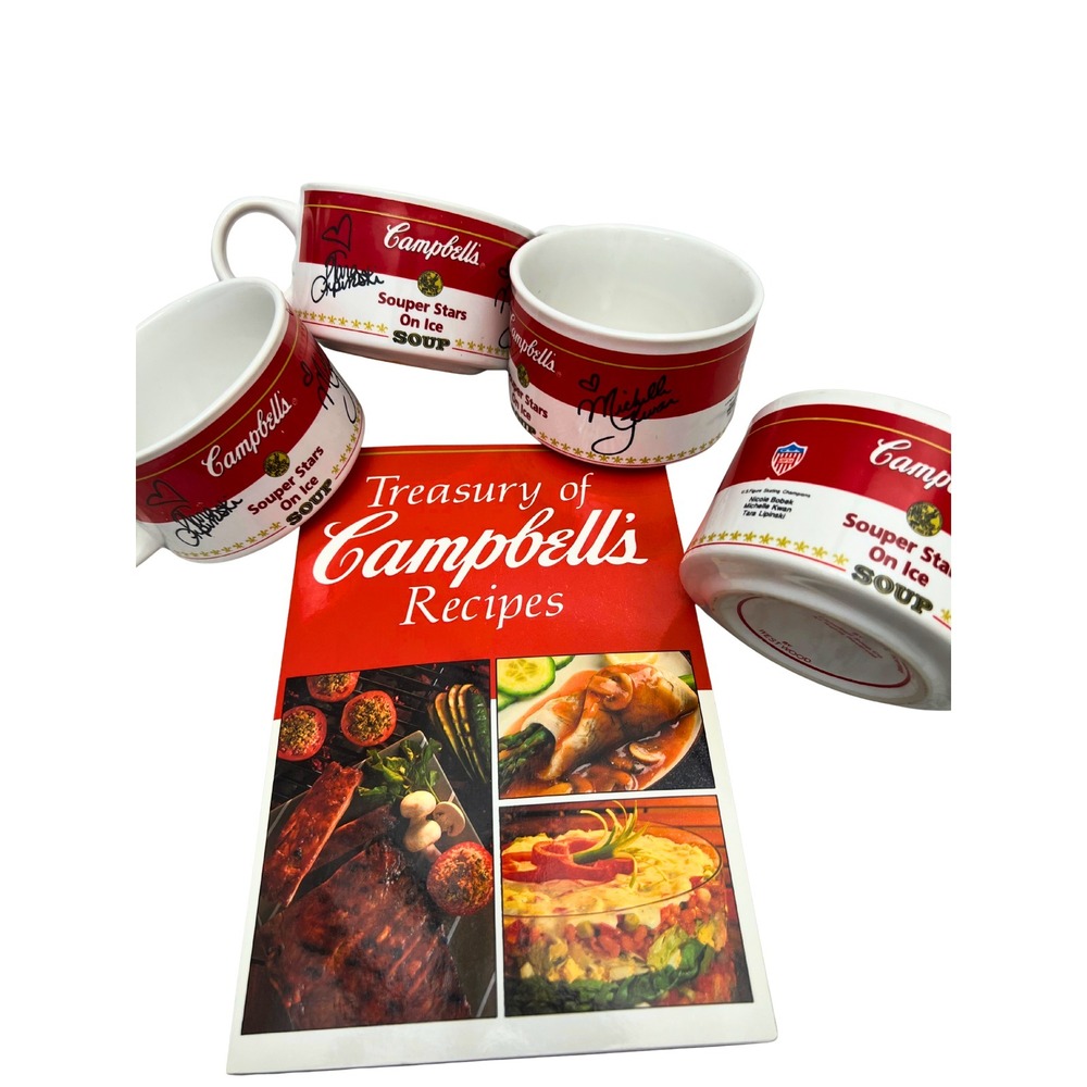 Campbell's Soup Mugs 1998 Stars On Ice Figure Skating Set of 4 + Recipe Book